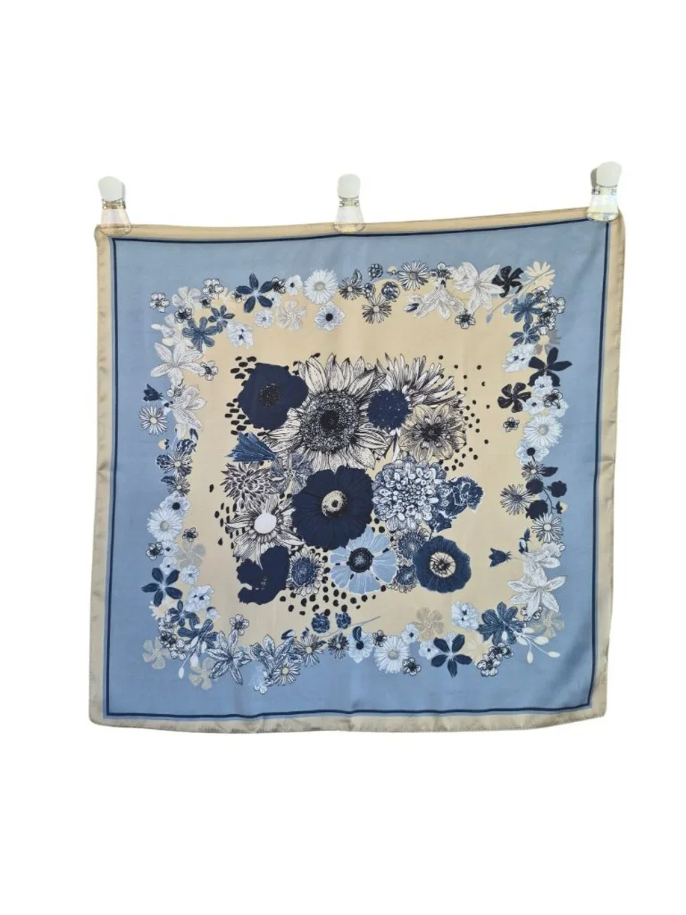 Silky Floral Wreath Square Scarf Blue Vintage Inspired Botanical Print headband